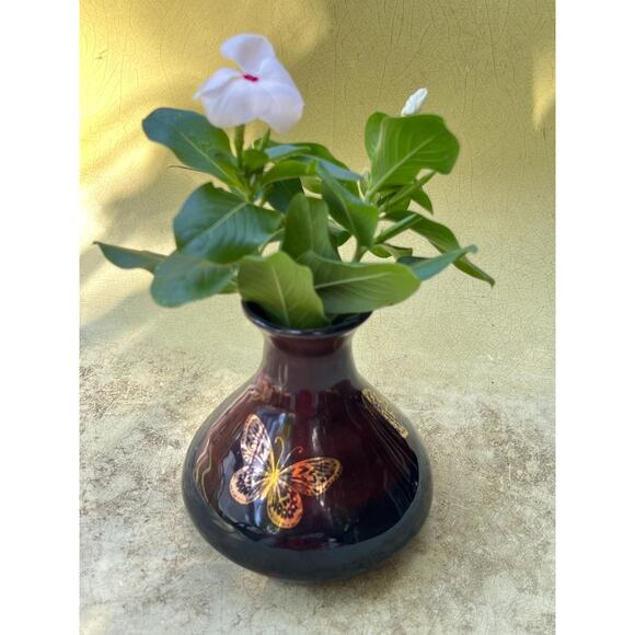 Butterfly Pottery Bud Vase in Black & Burgundy Glaze with 18k Genuine Gold - Picture 7 of 10
